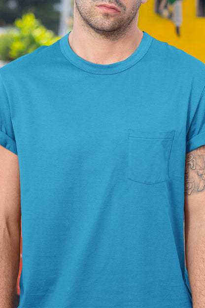 Baliza Men's 100% Cotton Round Neck T-shirt- Aqua Blue