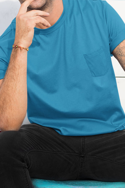 Baliza Men's 100% Cotton Round Neck T-shirt- Aqua Blue