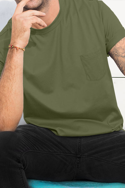 Baliza Men's 100% Cotton Round Neck T-shirt- Olive Green