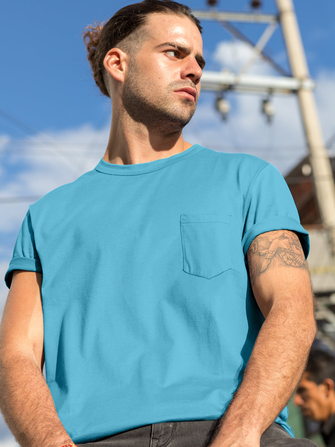 Baliza Men's 100% Cotton Round Neck T-shirt- Sky Blue