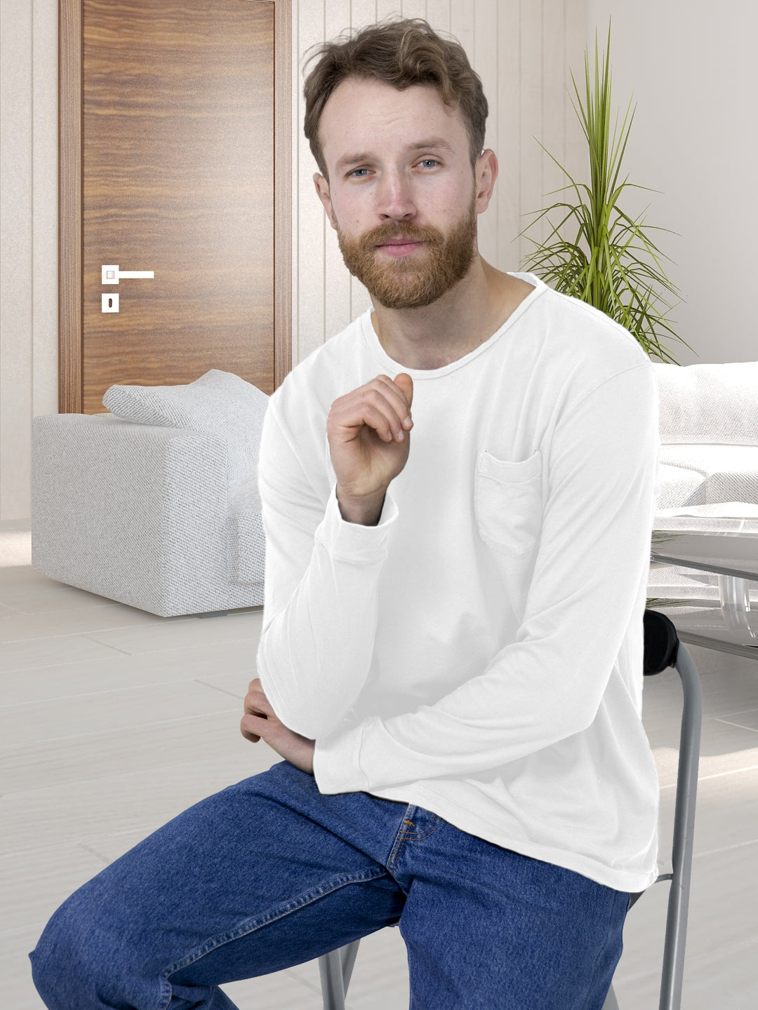 Baliza Men's 100% Cotton Round Neck T-shirt- White (Full Sleeve)